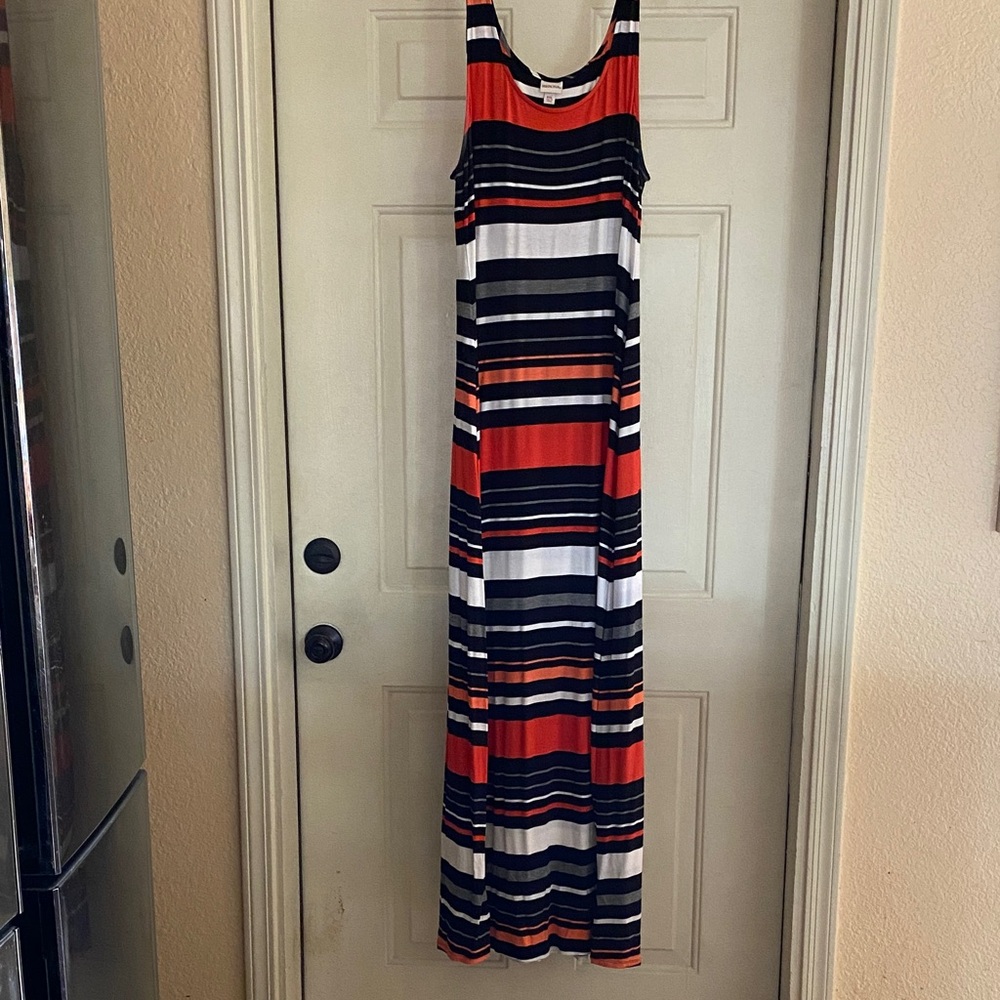 Striped Sleeveless Maxi Sundress in Red, Orange, Black & White